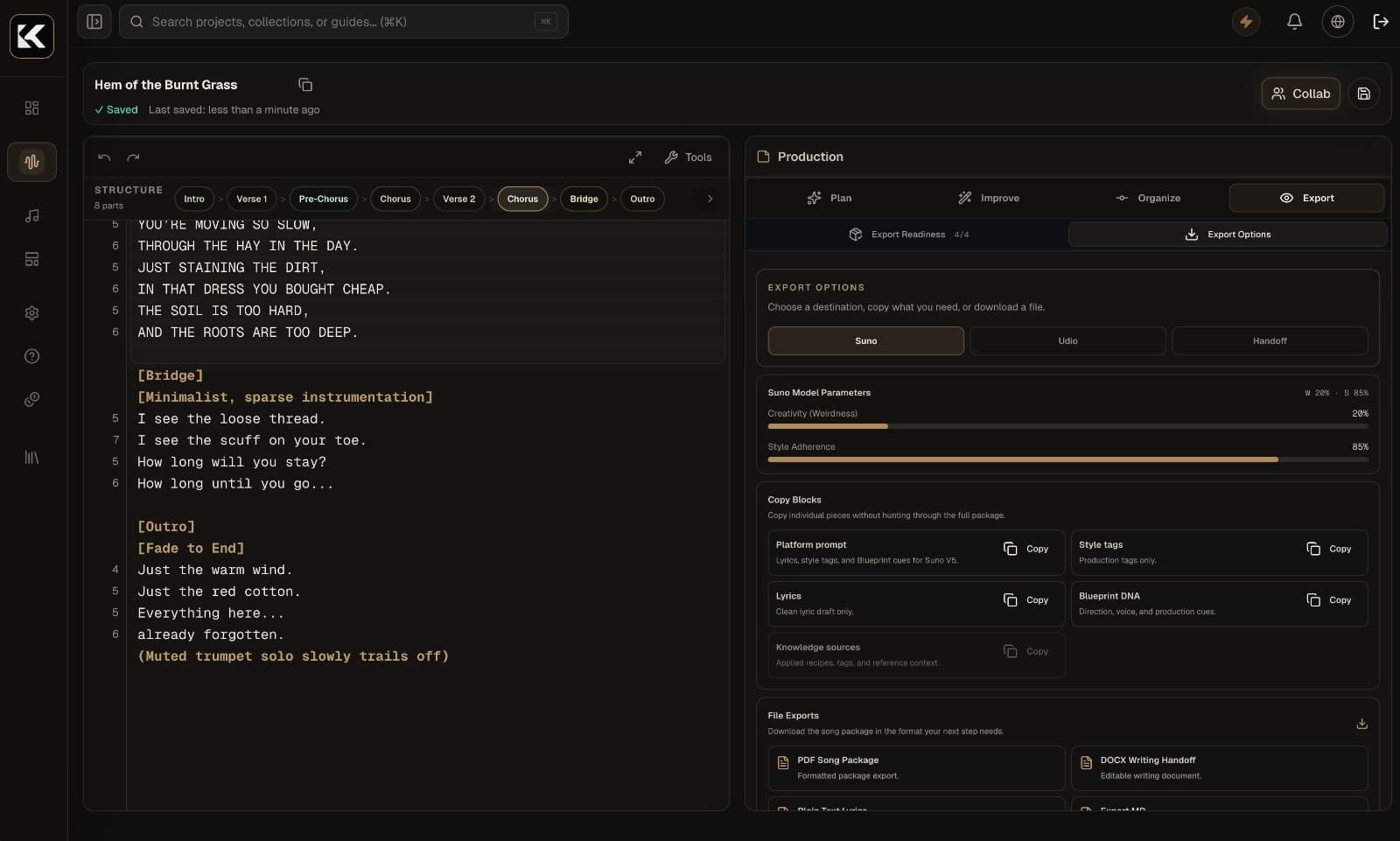Kordra export workspace with Suno and Udio handoff options